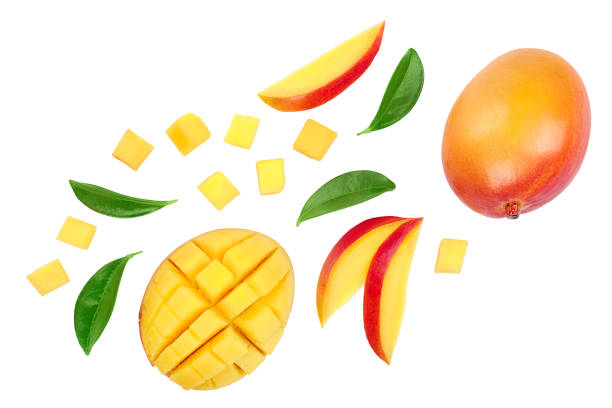 istock Mango fruit half with slices isolated on white background. Set or collection. Top view. Flat lay 1162114794