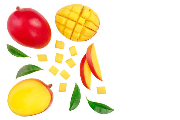 istock Mango fruit and half with slices isolated on white background with copy space for your text. Top view. Flat lay 1162114795