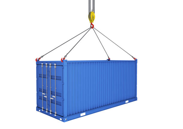 Service delivery - red cargo container hoisted by hook. 3D rendering