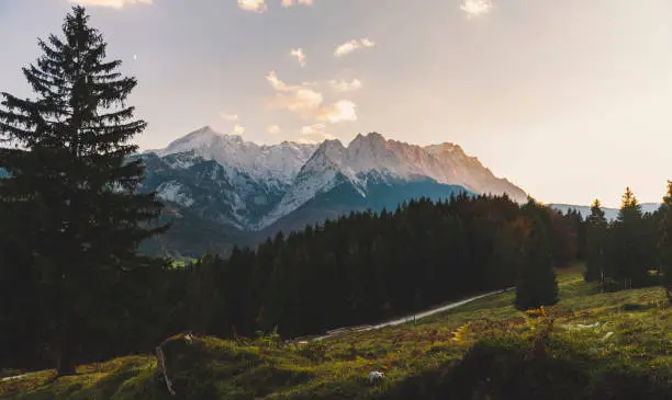 Garmisch-Partenkirchen and its Mountain Range Wetterstein Mountains at Sunset in Autumn