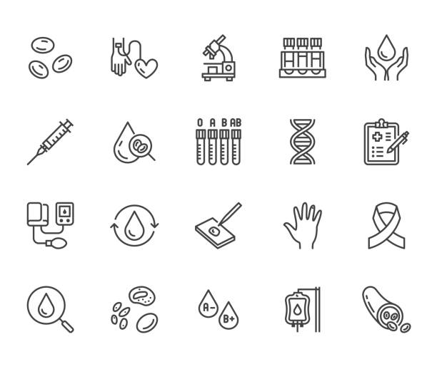 Hematology flat line icons set. Blood cell, vessel, sphygmomanometer, dna test, biochemical microscope vector illustrations. Outline signs for donor day. Pixel perfect 64x64. Editable Strokes Hematology flat line icons set. Blood cell, vessel, sphygmomanometer, dna test, biochemical microscope vector illustrations. Outline signs for donor day. Pixel perfect 64x64. Editable Strokes. laboratory stock illustrations