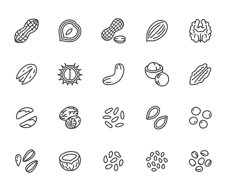 Nuts flat line icons set. Peanut, almond, chestnut, macadamia, cashew, pistachio, pine seeds vector illustrations. Outline signs for healthy food store. Pixel perfect 64x64. Editable Strokes.