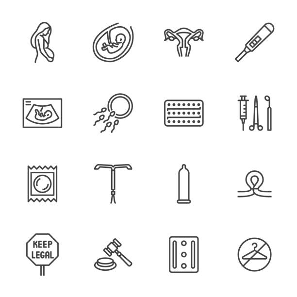 Obstetrics clinic flat line icons set. Abortion protest, baby ultrasound, embryo, fetus, pregnant woman, contraception vector illustrations. Outline medical signs. Pixel perfect 64x64 Editable Stroke Obstetrics clinic flat line icons set. Abortion protest, baby ultrasound, embryo, fetus, pregnant woman, contraception vector illustrations. Outline medical signs. Pixel perfect 64x64. Editable Stroke family planning stock illustrations