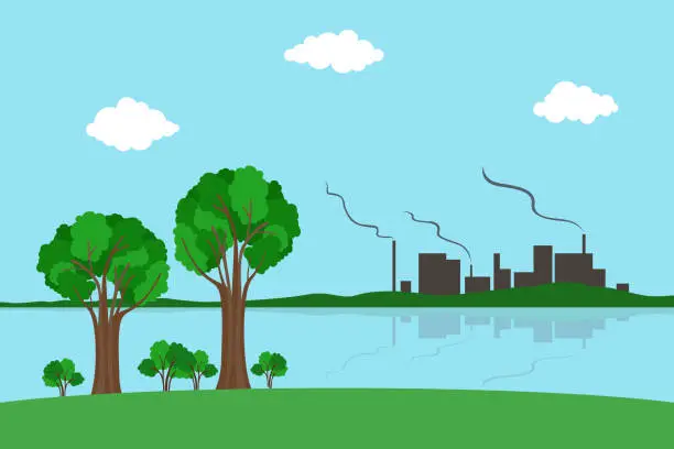 Vector illustration of Factory on lakeside. Atmospheric pollution. Vector illustration