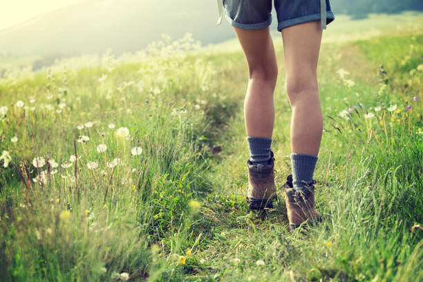 junge wanderin wandert auf wanderweg im grasland - frau weide stock-fotos und bilder