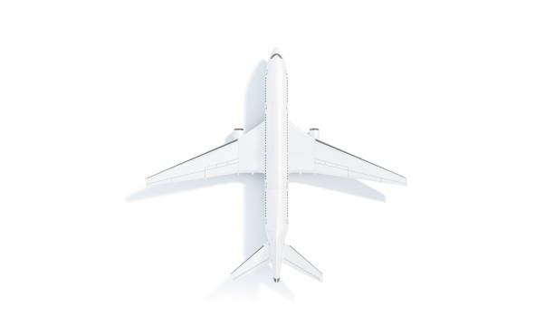 Blank white aeroplane mock up stand, top view isolated, 3d rendering. Clear company aerial airplane landing mockup. Empty boing model aircraft for brand and logotype template.