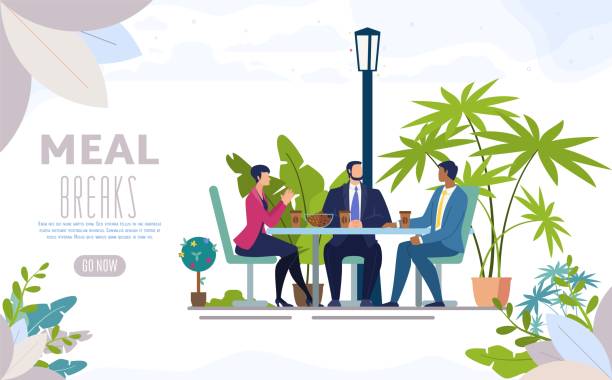 Meal Break in Street Cafe Flat Vector Web Banner City Street Cafe, Restaurant with Outdoor Terrace Flat Vector Web Banner, Landing Page. Business Partners, Office Colleagues, Company Employees Lunching Together, Talking on Meal Break Illustration business lunch stock illustrations
