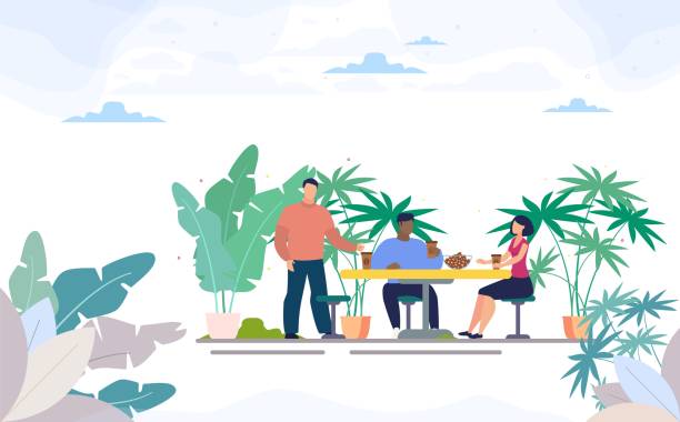 Friends Drinking Coffee in Street Cafe Flat Vector Multinational, Female, Male Office Colleagues on Meal Break, Group of Friends Lunching Together, Drinking Coffee at Table in Street Cafe of Coffee Shop with Outdoor Seats Flat Vector Illustration yard grounds illustrations stock illustrations