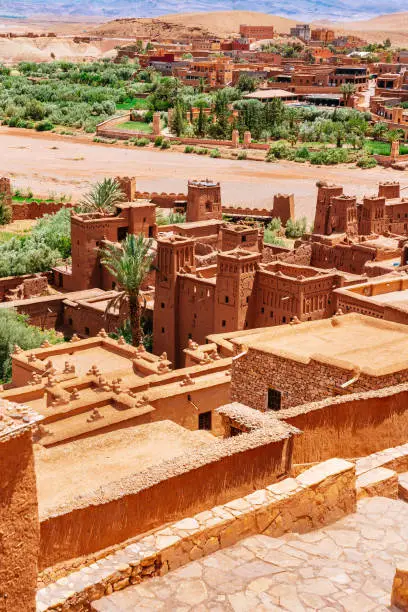Fortified village (castle) Ait Ben Haddou on a sunny day with clear blue sky on the background.
