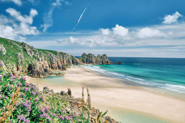 vistas cénicas através da praia de pedn vounder para a rocha de logan, cornualha em um dia ensolarado de junho. - cornwall england travel destinations uk beach - fotografias e filmes do acervo