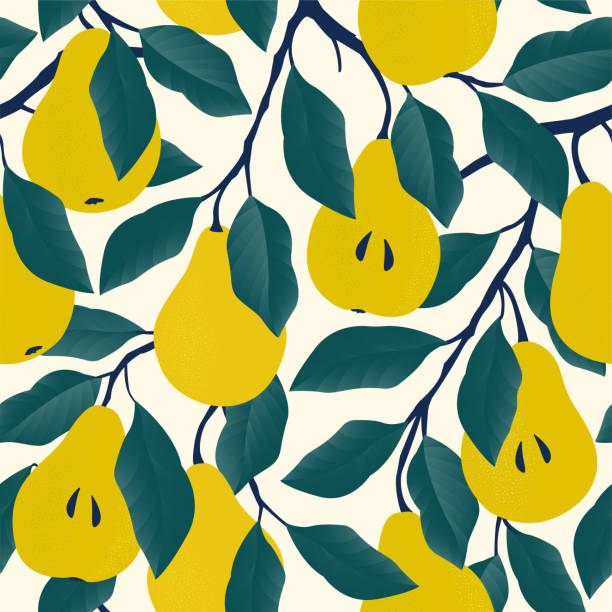 ilustrações de stock, clip art, desenhos animados e ícones de seamless pattern with yellow pear. fruit background. vector print for fabric and wallpaper. - pera