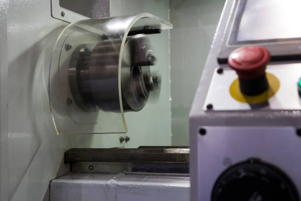 istock The machining safety guard and emergency stop button for lathe machine 1162135354