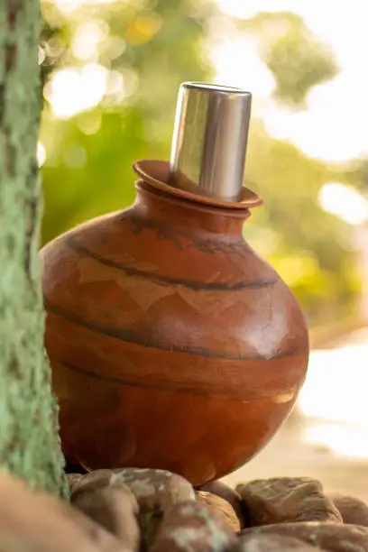 Photo of Clay Pot Water placed under shade of tree in summer for drinking water.