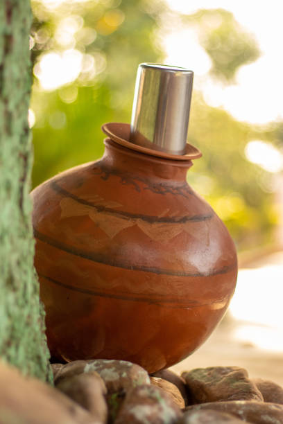 a água de potenciômetro da argila coloc a máscara da árvore no verão para beber a água. - jug water pottery clay - fotografias e filmes do acervo