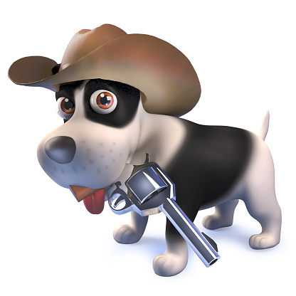 Rendered 3d image of a cartoon funny puppy dog dressed as a cowboy with pistol