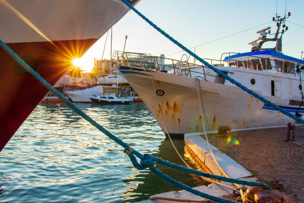 istock Fishing ships in sea port at sunset 1162140612