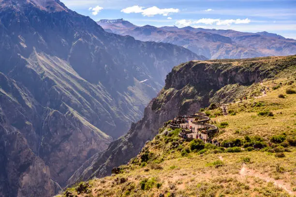 People looking for Andean Condors at Colca Canyon in Peru near the city of Arequipa during a hot summer day.