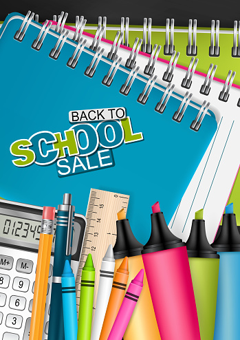 Back to school sale flyer or brochure with textured chalboard background and realistic 3d study items - ring notebook, markers, crayons, ruler, pencil with erasor, calculator. vector illustration.
