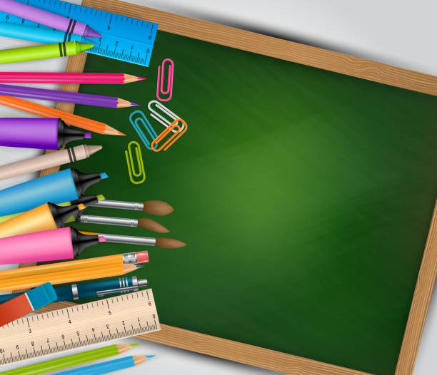 istock School background with green chalkboard and study supplies. Kids back to study concept. Realistic vector illustration. 1162140951