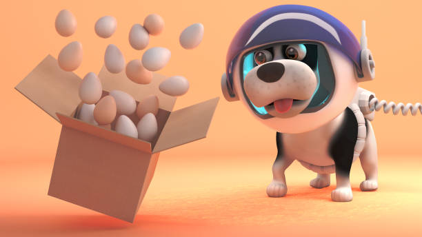 istock Eggs float from a box on the surface of Mars as space dog looks on, 3d illustration 1162144110