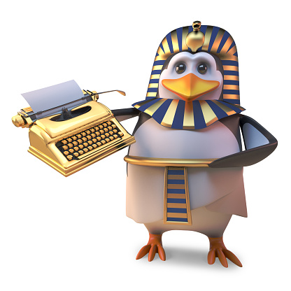 Funny cartoon Egyptian penuin pharaoh holding a golden typewriter, 3d illustration render