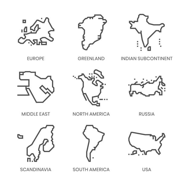 illustrazioni stock, clip art, cartoni animati e icone di tendenza di regioni del mondo correlate, set di icone vettoriali a linee quadrate - nord europeo