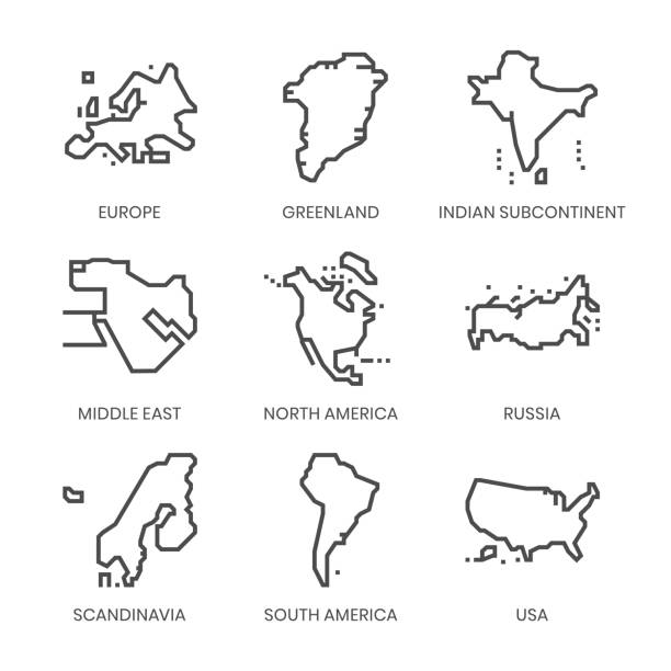 세계 지역 관련, 사각형 선 벡터 아이콘 세트 - south stock illustrations
