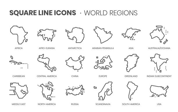 illustrazioni stock, clip art, cartoni animati e icone di tendenza di regioni del mondo correlate, set di icone vettoriali a linee quadrate - north american
