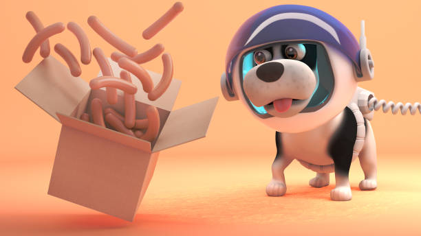 istock Hungry space dog on Mars watches sausages float from a box, 3d illustration 1162145951