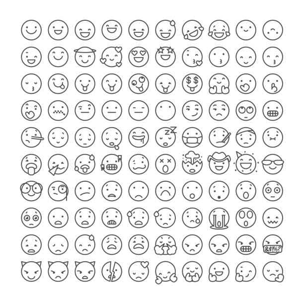 Vector illustration of a collection of 100 emoticons in line art style. Perfect for social media and design projects, as well as marketing, presentations and business ideas and concepts.