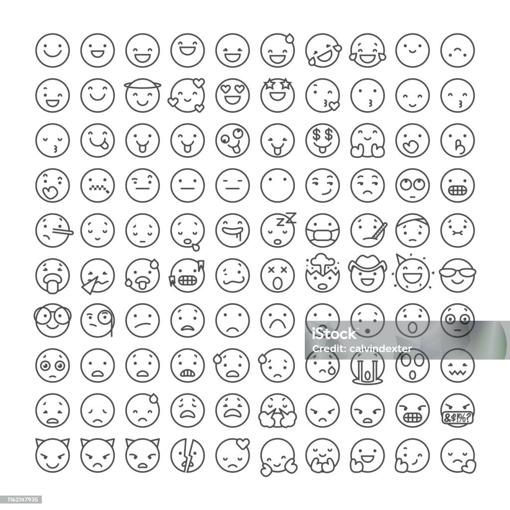 Emoticons line art collection Vector illustration of a collection of 100 emoticons in line art style. Perfect for social media and design projects, as well as marketing, presentations and business ideas and concepts. Emoticon stock vector
