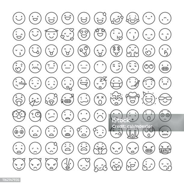 Emoticons Line Art Collection Stock Illustration - Download Image Now - Emoticon, Anthropomorphic Smiley Face, Vector