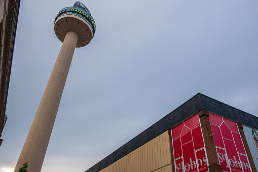 Liverpool, United Kingdom - April 26, 2019: Radio City Tower or St. John's Beacon, a radio and observation tower in Liverpool built in 1969, set against the skyline.