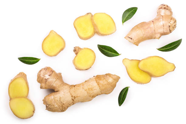 istock fresh Ginger root and slice isolated on white background. Top view. Flat lay 1162154019