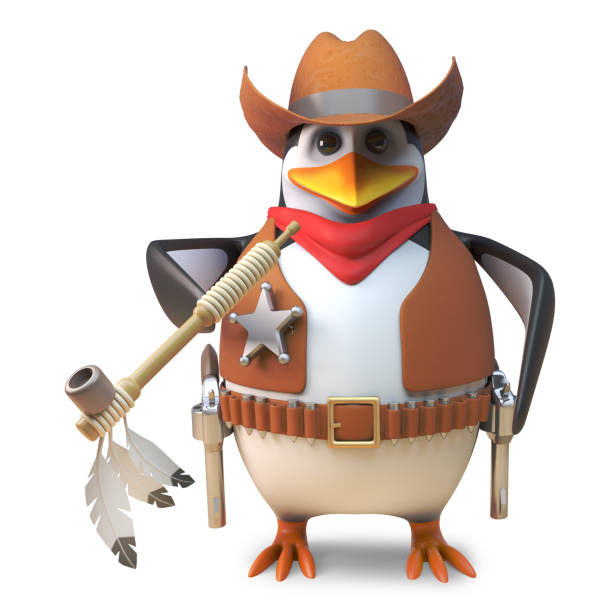 istock Brave penguin sheriff the lone cowboy smokes on a peace pipe, 3d illustration 1162154845