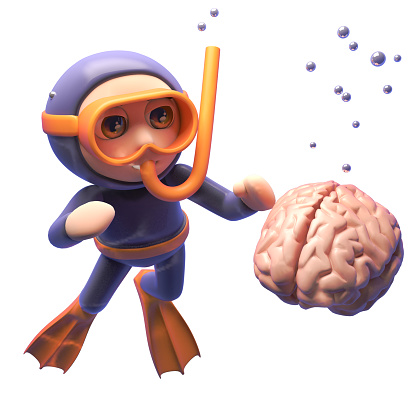 Human brain sinks in the sea as perturbed snorkel diver looks on, 3d illustration render