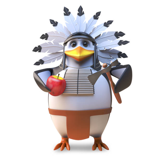 istock Hungry native American Indian penguin chief chops an apple with his axe, 3d illustration 1162157808