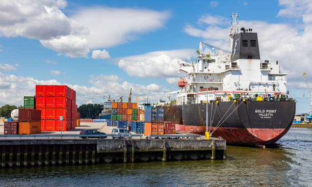 harbor of rotterdam, netherlands. logistics business, cargo loading unloading - harbor editorial industrial ship container ship imagens e fotografias de stock