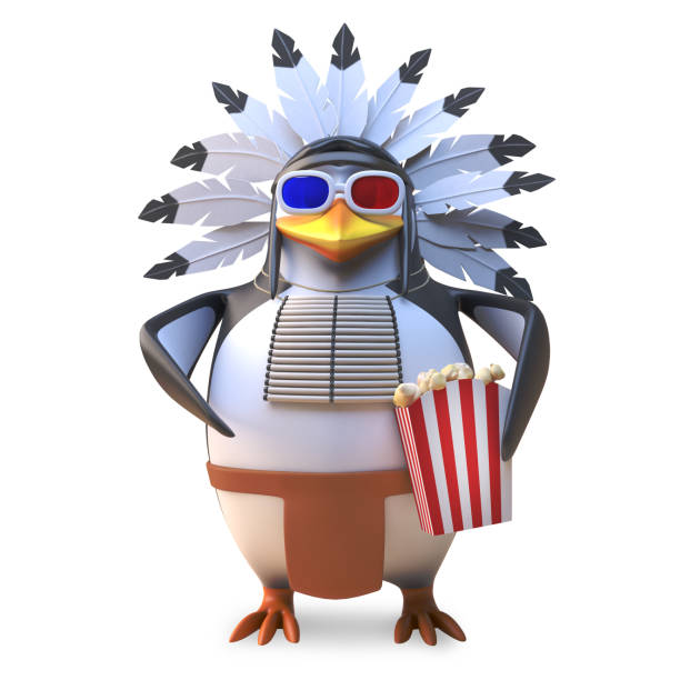istock Native American Indian chief penguin eats popcorn while watching a 3d movie, 3d illustration 1162159196