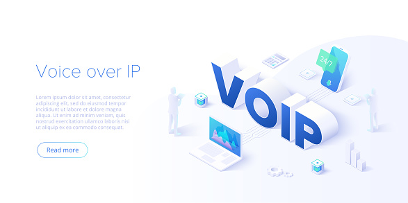 Voip isometric vector concept illustration. Voice over IP or internet protocol technology background. Network phone call software. Website layout template for web banners.
