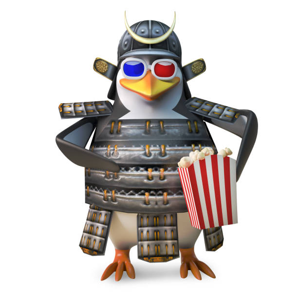 istock Noble Japanese samurai penguin warrior watchs 3d movie while eating popcorn, 3d illustration 1162160020