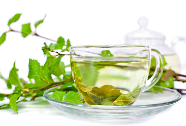 istock Green tea with tea pot and green natural birch branches 1162160225
