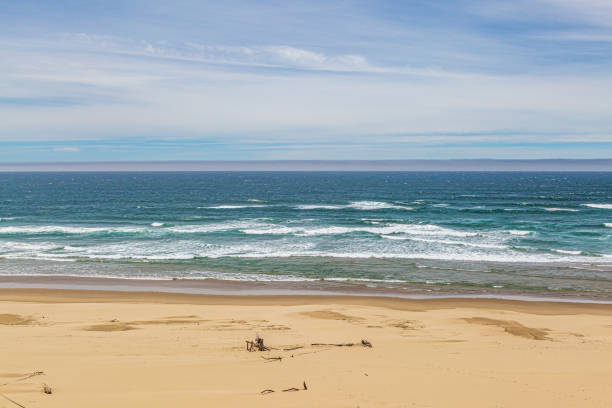 Looking out over a sandy beach at the Pacific Ocean, on the Oregon Coast