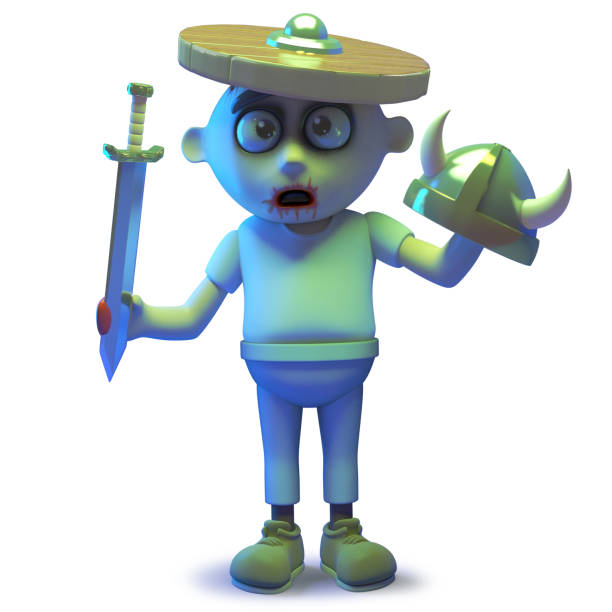 istock Scarey undead zombie monster wearing a shield and getting confused, 3d illustration 1162161041