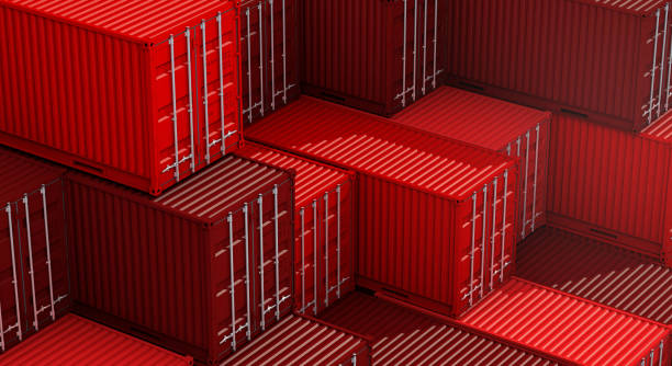 stapel von roten containern box, fracht frachtschiff für import export 3d - red shipping freight transportation cargo container stock-fotos und bilder