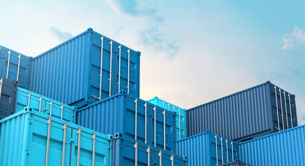 stapel von blauen containern box, fracht frachtschiff für import export 3d - lieferkette stock-fotos und bilder