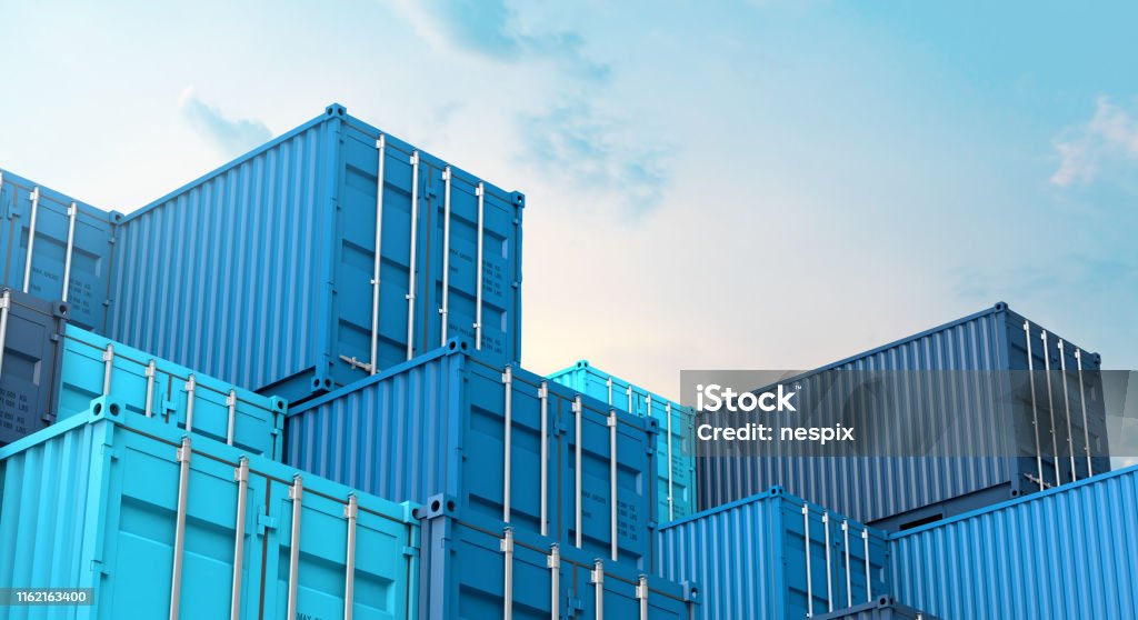 Stack of blue containers box, Cargo freight ship for import export 3D Stack of blue containers box, Cargo freight ship for import export logistics 3D rendering Cargo Container Stock Photo