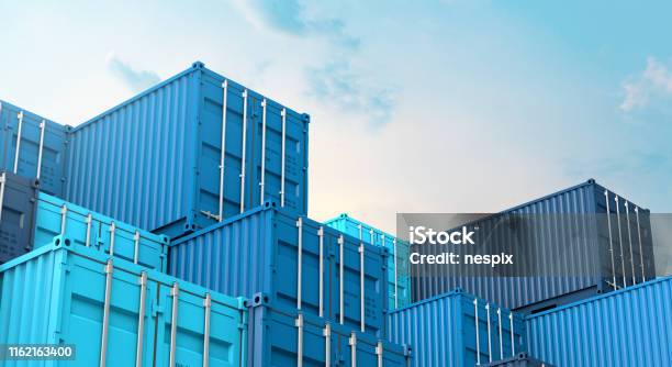 Stack Of Blue Containers Box Cargo Freight Ship For Import Export 3d Stock Photo - Download Image Now