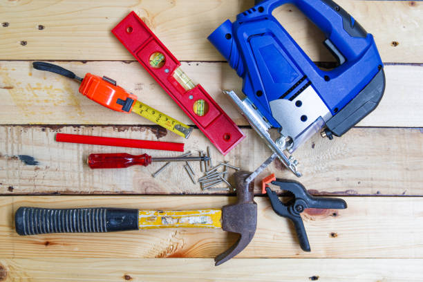 istock Electric drill, nut, tape measure, ruler, screwdriver, Tools for woodworking 1162163870