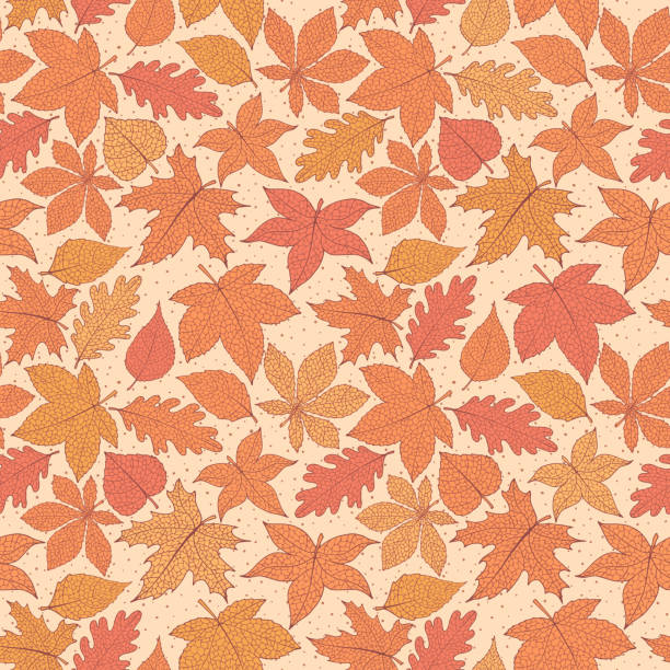 vektor herbst nahtlose muster mit eiche, pappel, buche, ahorn, espen und ross kastanienblätter von orange und rot farben auf dem gelb gepunkteten hintergrund. herbst ornament mit detailliertem laub. - chestnut chestnut tree backgrounds seamless stock-grafiken, -clipart, -cartoons und -symbole